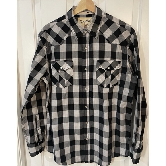 Coastal Other - Coastal Pearl Snap Shirt Mens Large Black Gray Plaid Western Cowboy Rodeo